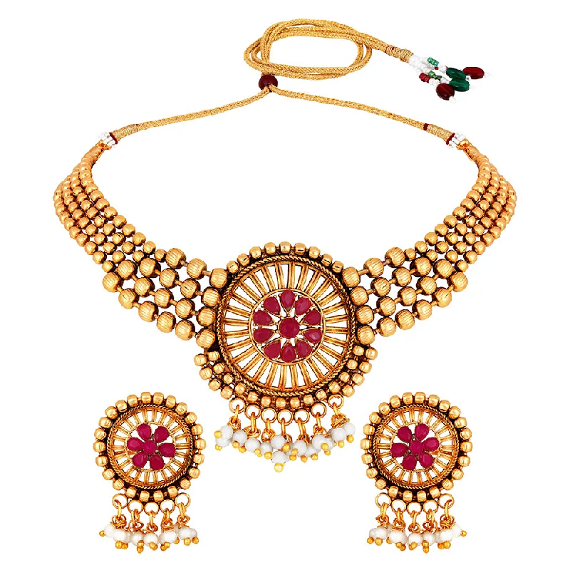 Multi-Colored Crystal Necklaces-Shrishti Fashion Round Shape Traditional Gold Plated Choker Necklace Set For Women