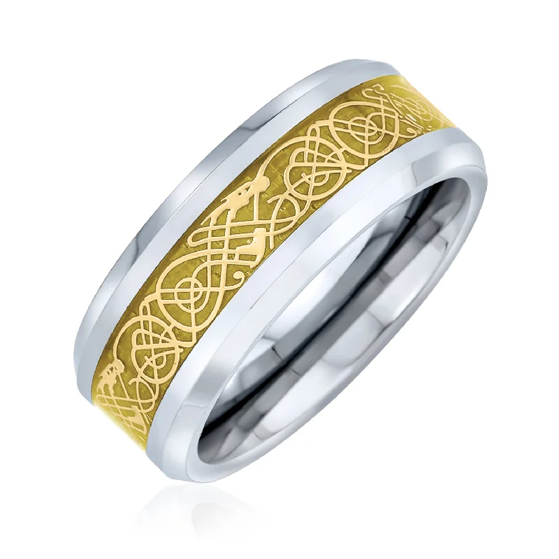 Chunky Silver Rings-Two Tone Celtic Knot Tungsten Wedding Band Ring with Dragon Carbon Fiber Inlay for Men