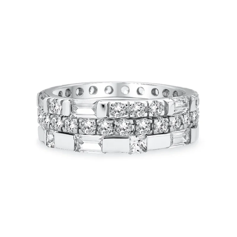 Bold Statement Rings-Geometric CZ Cocktail Statement Ring: Stackable Eternity Band Set in Sterling Silver