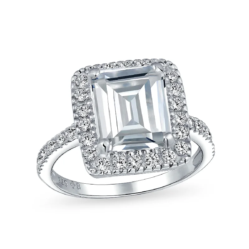 Fashionable Silver Rings-Art Deco 5CT Emerald Cut CZ Halo Engagement Ring with Thin Pave Band Silver