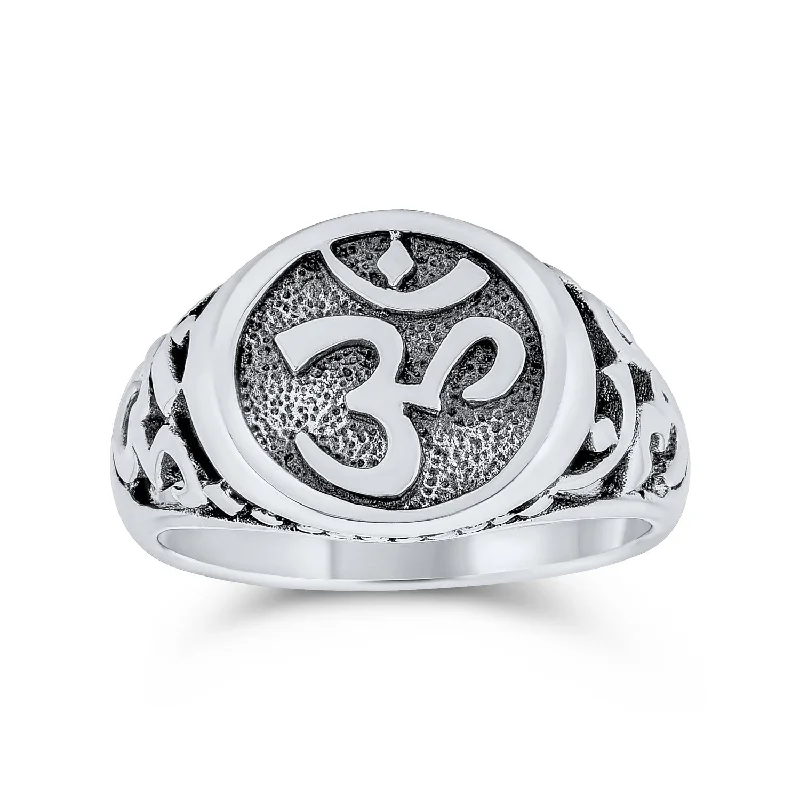 Unique Gold Wedding Rings-Religious Yogi Aum Om Signet Silver Ring for Men in Sterling Silver