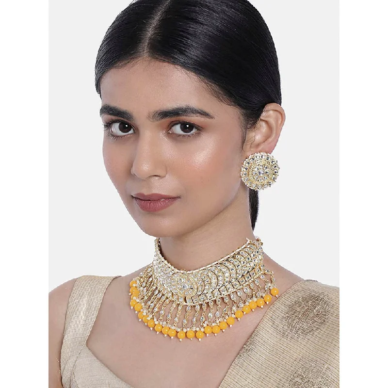 Custom Engraved Necklaces-Etnico 18K Gold Plated Traditional Kundan & Pearl Studded Choker Necklace Set For Women/Girls (K7210Y)