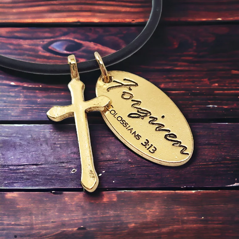 Vintage Gemstone Necklaces-Cross Gold Metal Finish Forgiven Tag Black Cord Necklace