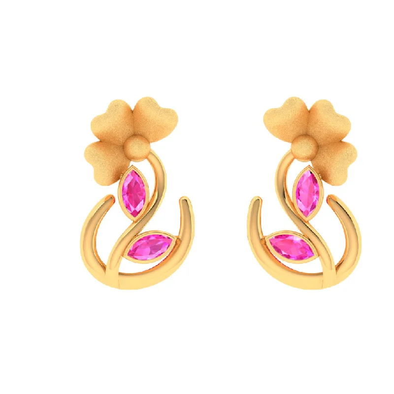 Long Gold Earrings-14k Floral Gold Stud Earrings With Pink Leafy Stones