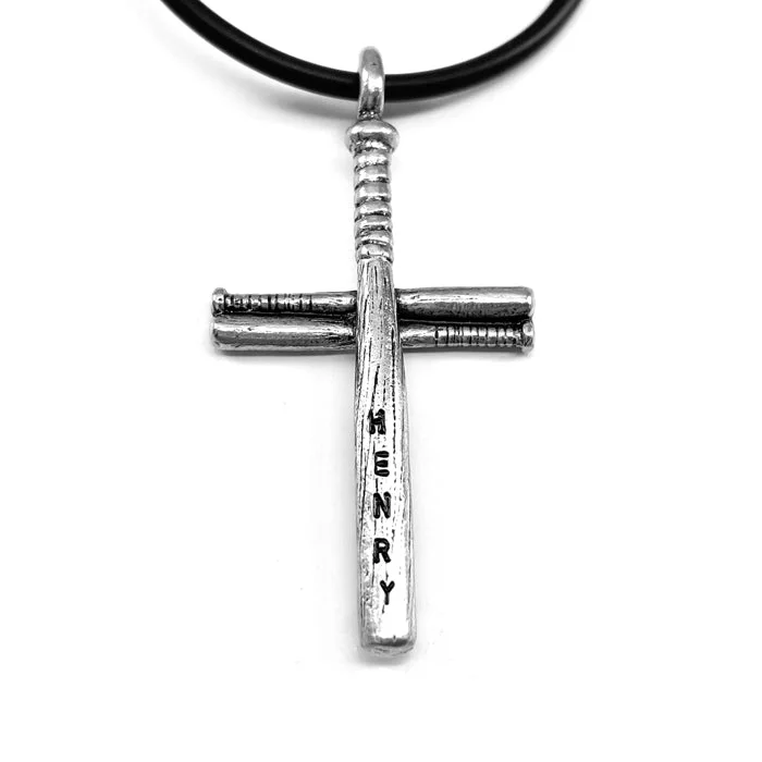 Colored Gemstone Necklaces-Baseball Softball Personalized Bat Cross Necklace On Black Rubber