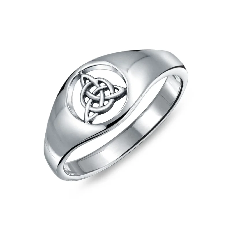 Wedding Bands with Gemstones-Unisex Silver Ring with Viking Celtic Infinity Knot Triquetra Signet Design