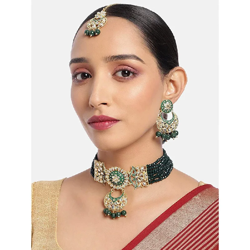 Engraved Bar Necklaces-Etnico 18K Gold Plated Traditional Kundan Studded Pearl Choker Necklace Jewellery Set For Women (ML291G)