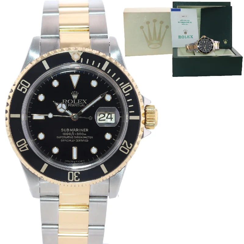 Automatic Watches for Collectors-PAPERS Rolex Submariner 16613 18k Gold Steel Two Tone Black 40mm Watch Box