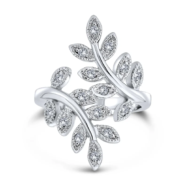 Platinum Wedding Rings for Women-Nature Ivy Vine Leaf Cocktail Statement Ring with Cubic Zirconia Pave CZ Silver Plated