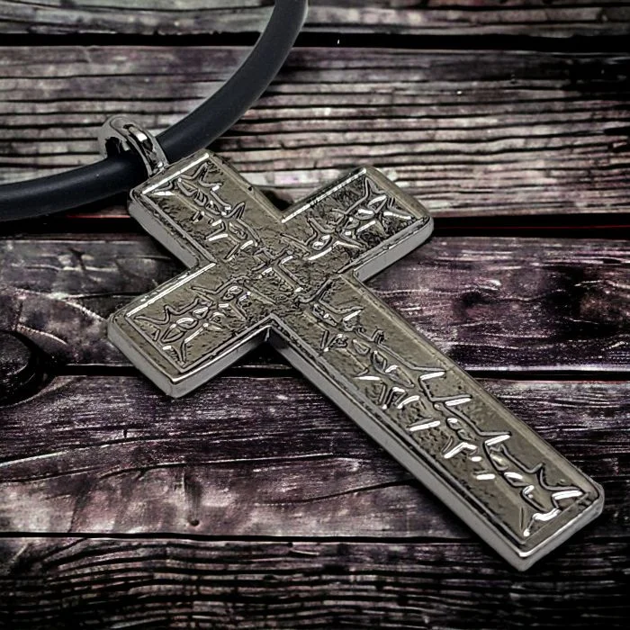 Colorful Crystal Pendant Necklaces-Thorns Cross Dark Metal Finish Pendant Black Cord Necklace