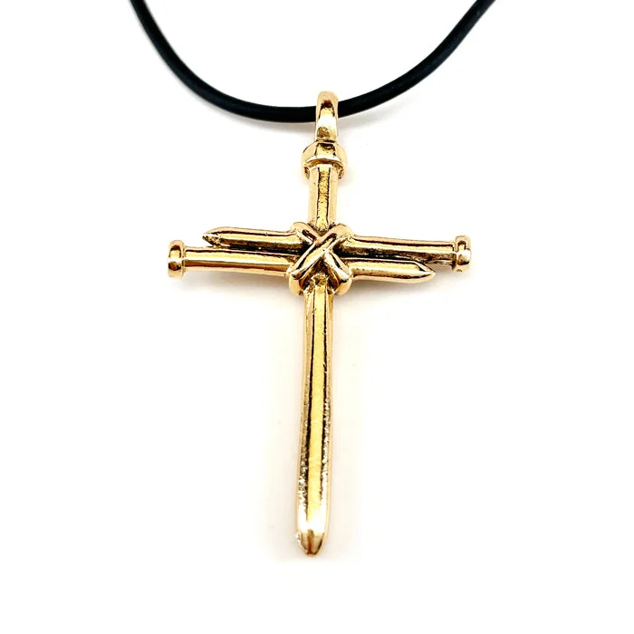 Elegant Blue Gemstone Necklaces-Nail Cross Antique Gold Finish Black Rubber Necklace