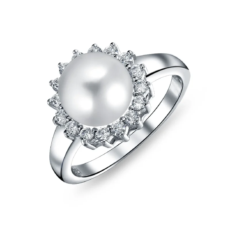 Elegant Rose Gold Rings-Traditional CZ Halo Solitaire Cocktail Statement Ring with Simulated Pearl Sterling Silver