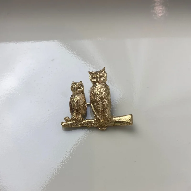 Custom Wedding Brooch for Bridesmaids-Custom Wedding Brooch for Bridesmaids-Estate Collection Brooch - 14K Gold W/Two Owls Perched on a Branch