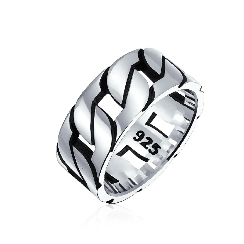 Custom Oval Diamond Rings-Mens Silver Ring Biker Jewelry Urban Curb Chain Link Band Gothic Tribal .925 Silver