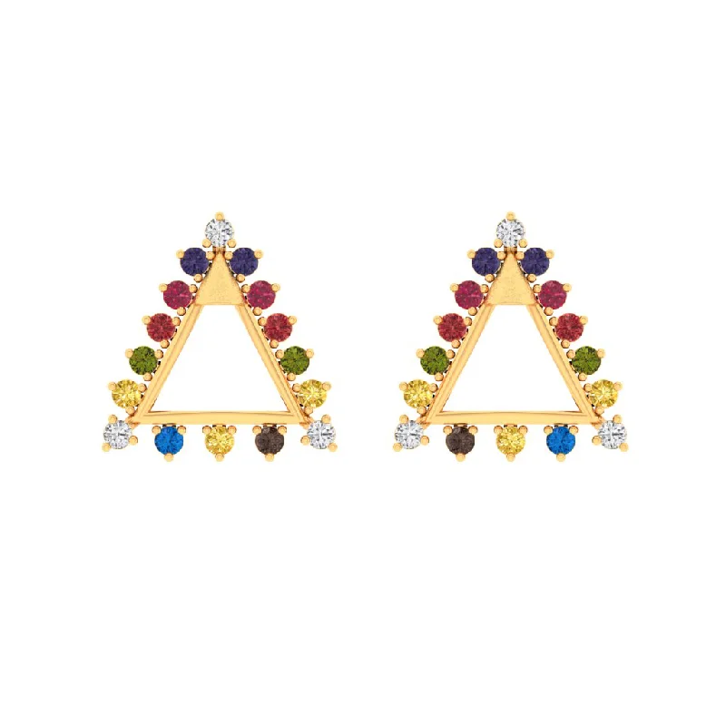 Minimalist Gold Earrings-14k Triangular Gold Earrings With Beautiful Multi-coloured Stones