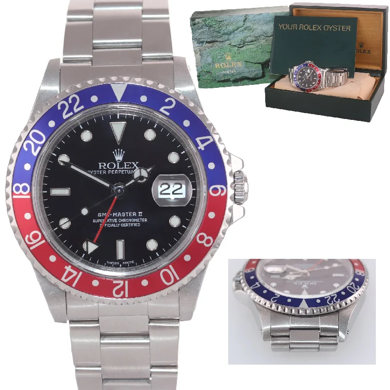 Sports Watches for Swimming-1999 Rolex GMT-Master 2 Pepsi 40mm Steel 16710 Blue Red Watch Box