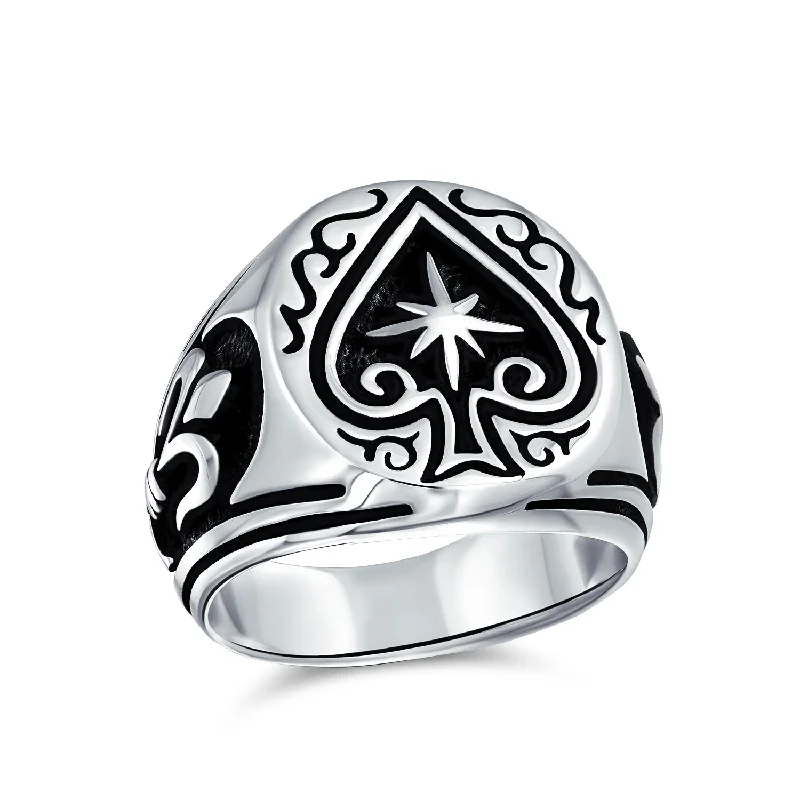 Luxury Ruby Rings-Mens Silver Ring with Antiqued Black Ace of Spades Design Sterling Silver Casino Style