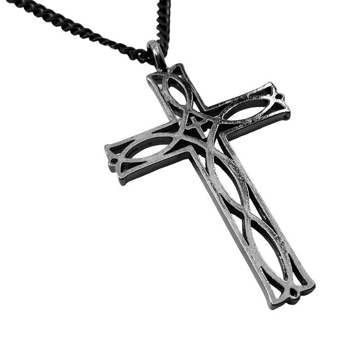 Sterling Silver Necklaces-Cross Ichthus Fish Dark Metal Finish Pendant Dark Finish Curb Chain Necklace