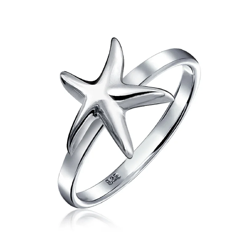 Men's Silver Wedding Bands-Dainty Cocktail Statement Ring: Pave CZ Starfish Sterling Silver Beach Jewelry