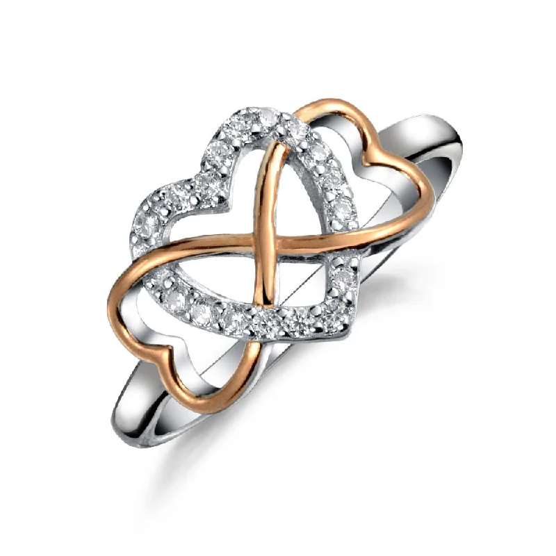 Stunning Diamond Rings-Two Tone Cocktail Statement Ring with Cubic Zirconia Heart in Rose Gold Sterling Silver