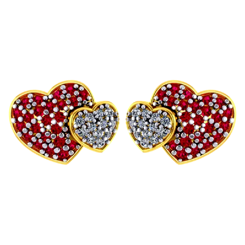 Light Blue Earrings-Heart-shaped 14k Gold Earrings With American Diamond And Ruby Detailing