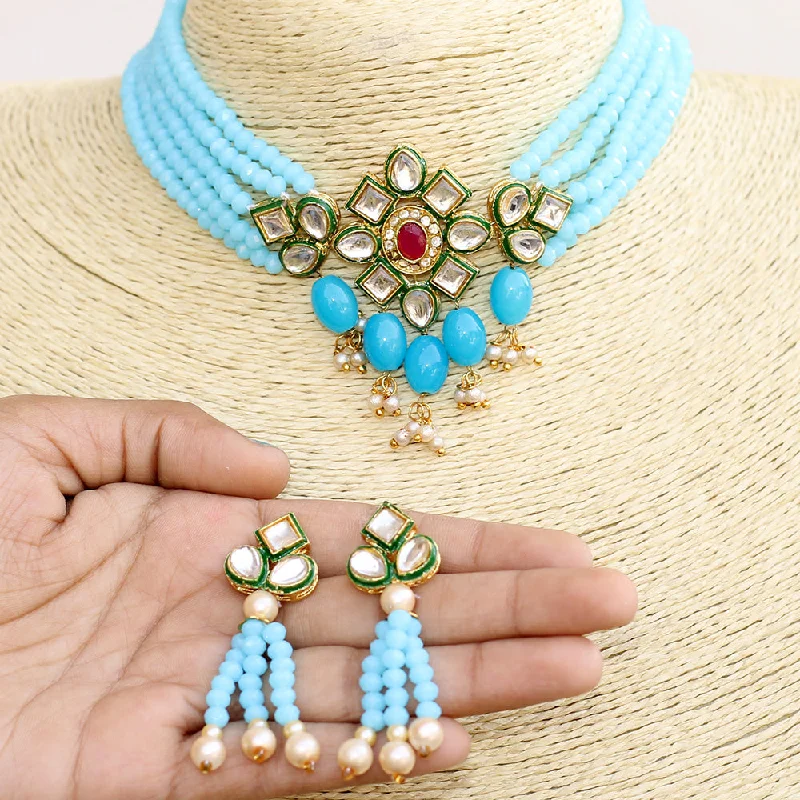 Gold-Plated Necklaces-Beadsnfashion Glass Crystal Beaded Kundan Choker Set Turquoise