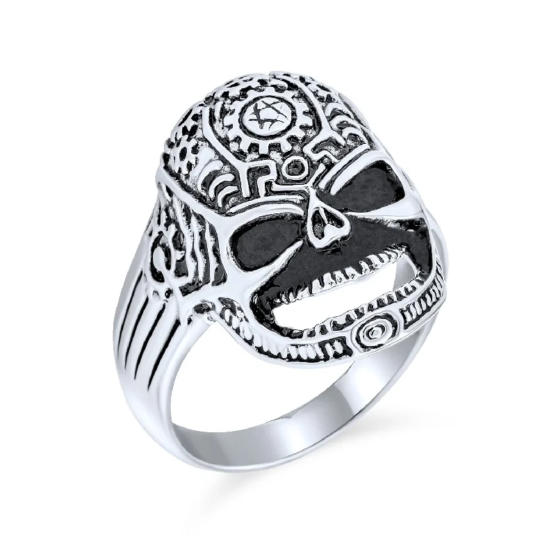 Dainty Engagement Rings-Mens Stainless Steel Biker Skull Signet Ring - Halloween Crossbones Jewelry