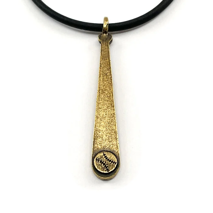 Small Pendant Necklaces-Baseball Softball Bat Necklace Antique Brass On Black Rubber