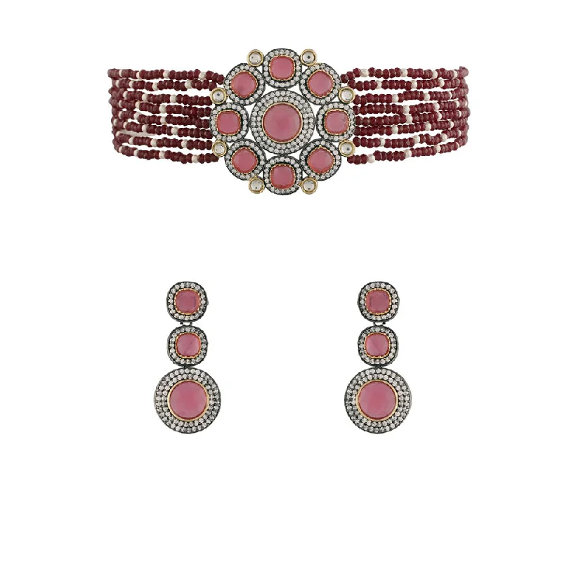 Simple Rose Gold Necklaces-Etnico 18k Gold Plated Traditional Maroon Stone Studded & Beaded Choker Necklace Jewellery Set For Women/Girls (K7205M)