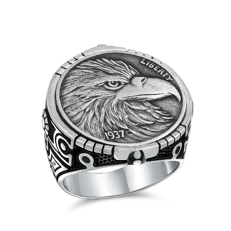 Custom Gold Wedding Rings-Mens Silver Ring with Patriotic USA Eagle Head Coin Design Oxidized .925 Sterling