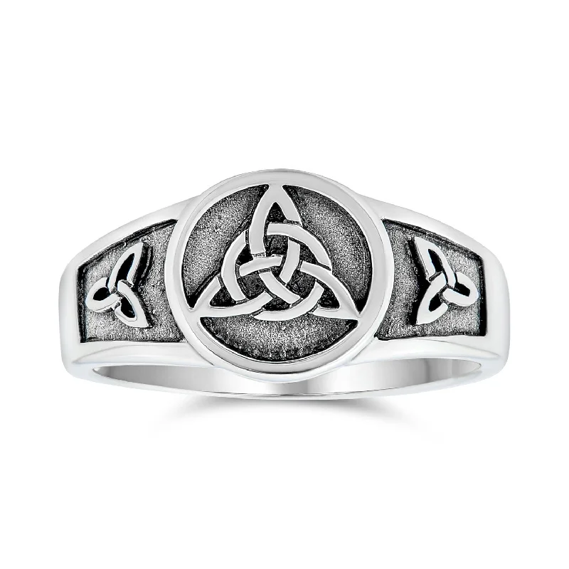 Unique Wedding Band Sets-Unisex Silver Ring with Viking Celtic Infinity Knot Triquetra Signet Design