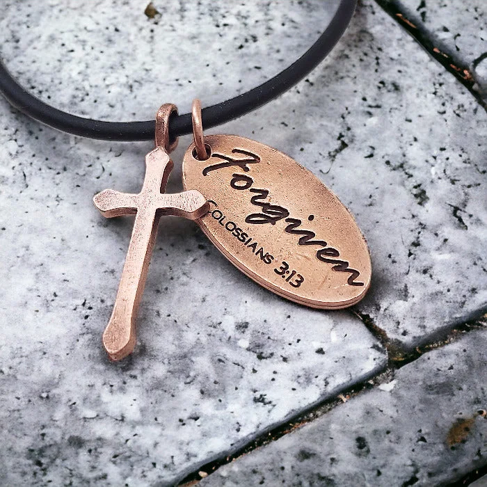 Sparkling Crystal Necklaces-Cross Antique Copper Metal Finish Forgiven Tag Black Cord Necklace