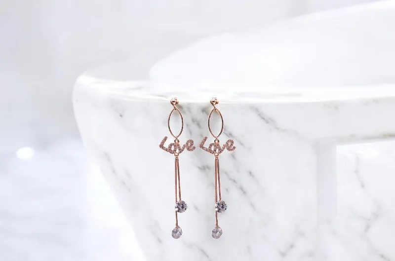 Affordable Silver Earrings-Rosegold love chain drop earrings for women and girls