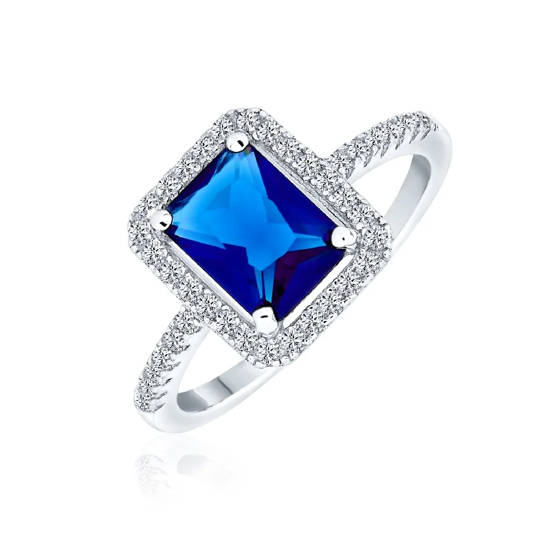 Elegant Ruby Rings-Art Deco Style Emerald Cut Engagement Ring with Blue Sapphire CZ in Rose Gold