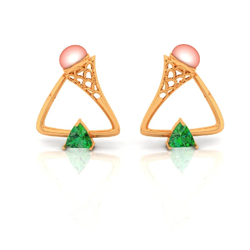 18k Gold Earrings-14k Triangular Shaped Gold Earrings With Green Stone