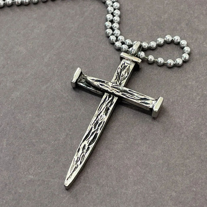 Simple Chain Necklaces-Nail Cross Large Rugged Antique Silver Finish Pendant Ball Chain Necklace