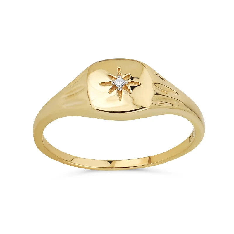 Vintage Art Deco Rings-Minimalist Diamond Chip Yellow 14K Gold Celestial North Star Ring Thin 1MM Band