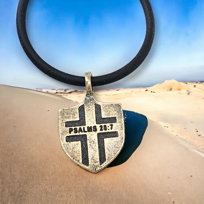 Unique Pendant Necklaces-Psalms 28:7 Shield Antique Brass Pendant Black Cord Necklace