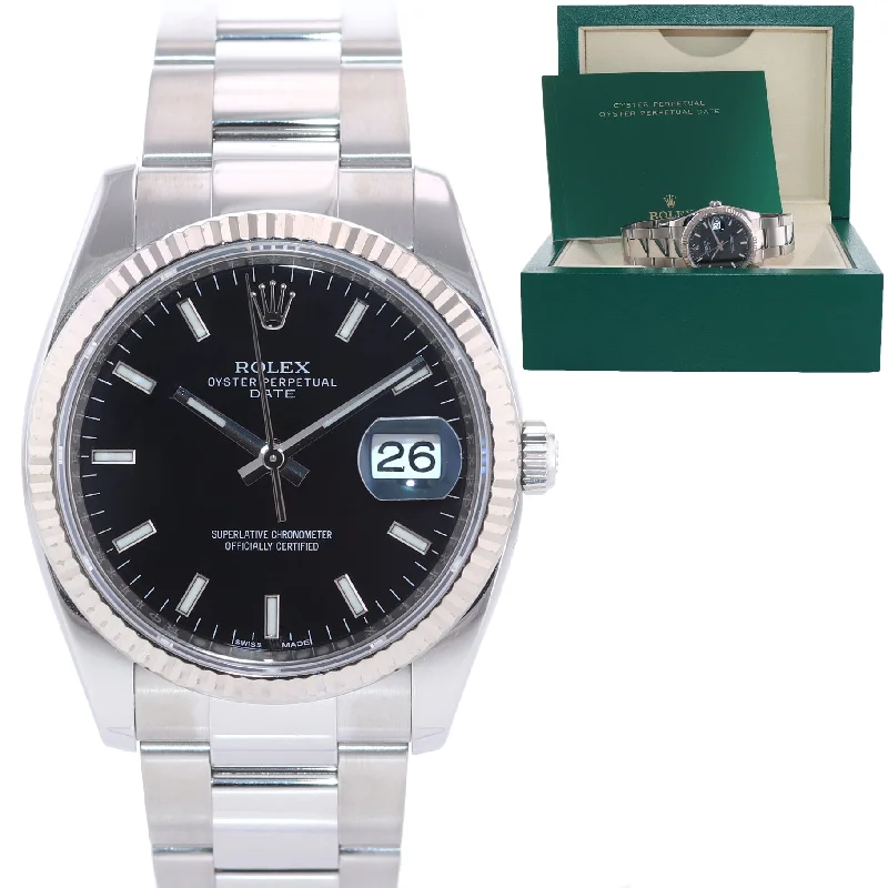 Luxury Women’s Watches with Diamonds-2014 Rolex Date 115234 Black Oyster Perpetual Fluted Watch Box