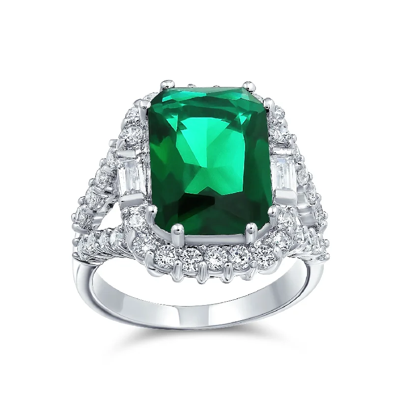 Elegant Gemstone Wedding Rings-Cocktail Statement Ring: 7CT Green Simulated Emerald Cut CZ Pave Silver Fashion Ring