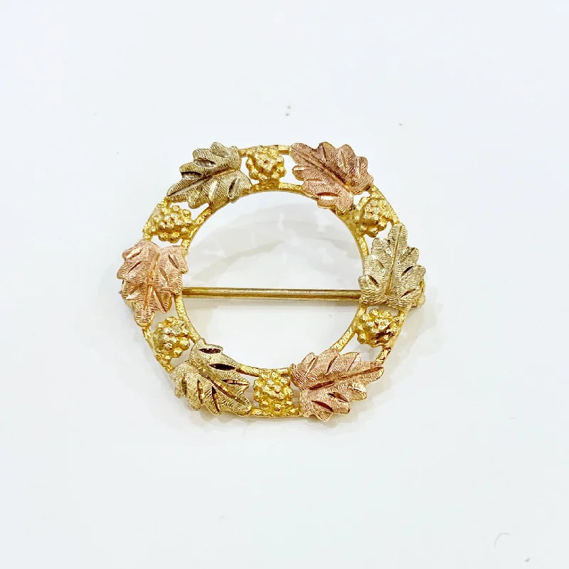 Vintage Brooch with Classic Design-Vintage Brooch with Classic Design-Estate Collection Brooch - 10K Tri-Color Gold Leaf Open Circle