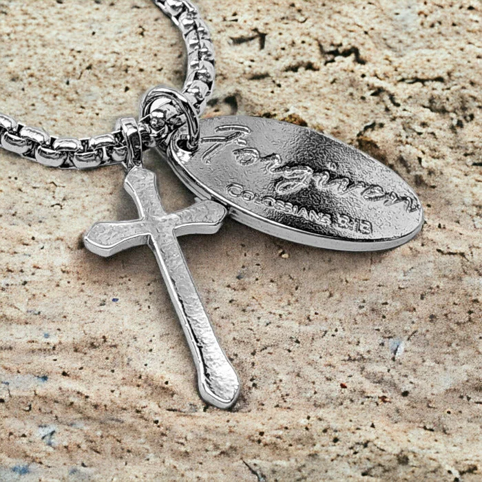 Nature-Inspired Necklaces-Cross Rhodium Metal Finish Forgiven Tag Heavy Box Chain Necklace