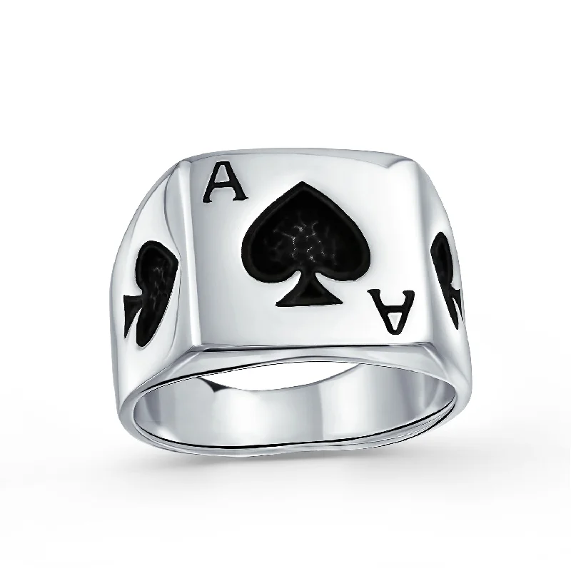 Minimalist Promise Rings-Good Luck Gambler Mens Silver Ring with Black Ace of Spade for Poker Players