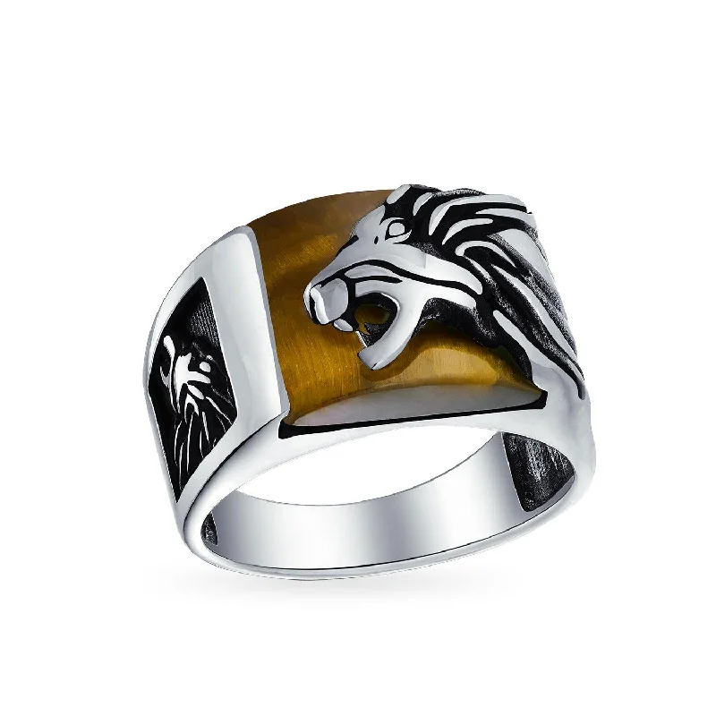 Stylish Wedding Rings for Brides-Mens Silver Ring with Black Onyx and Tiger Eye Lion Head Handmade in Turkey