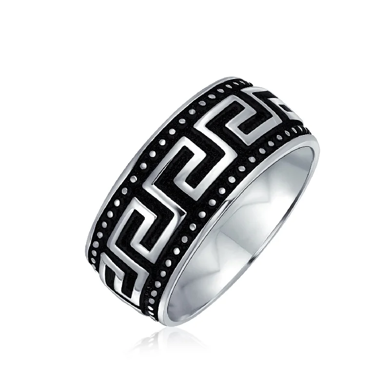 Simple Wedding Rings-Mens Silver Ring with Geometric Greek Key Design Black & Silver Two-Tone Band