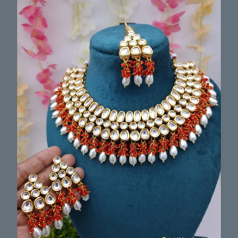 Custom Silver Necklaces-JCM Gold Plated Kundan Stone Necklace Set