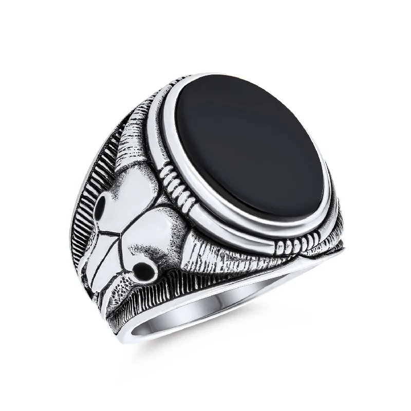 Handcrafted Promise Rings-Mens Silver Ring Signet Black Onyx Gemstone with Longhorn Skull .925 Sterling Silver