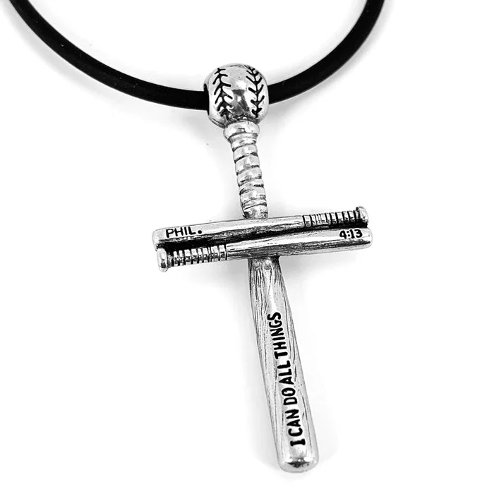 Trendy Necklaces for Teens-Baseball Bat And Ball Cross Necklace Silver on Black Cord