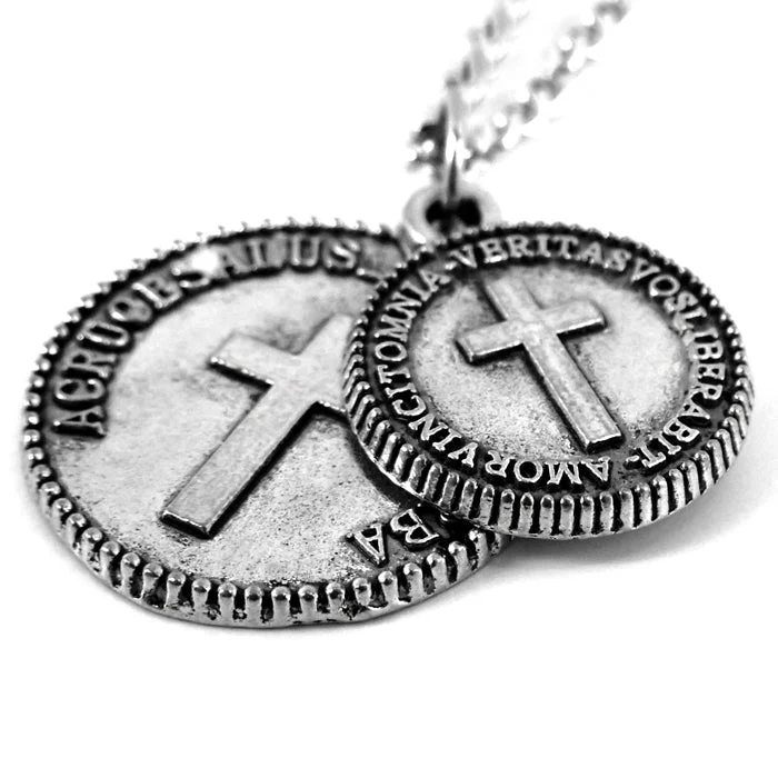 Large Statement Necklaces-Cross Coins Pewter on 18 Inch Chain Necklace