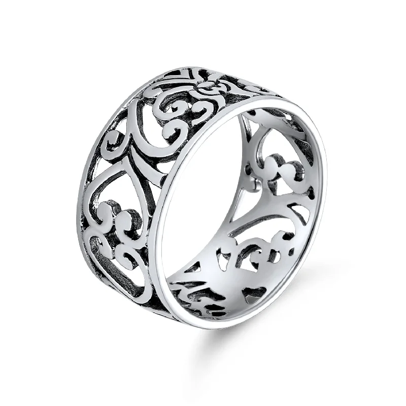 Designer Engagement Rings-Boho Fashion Sterling Silver Ring with Open Swirl Filigree Design